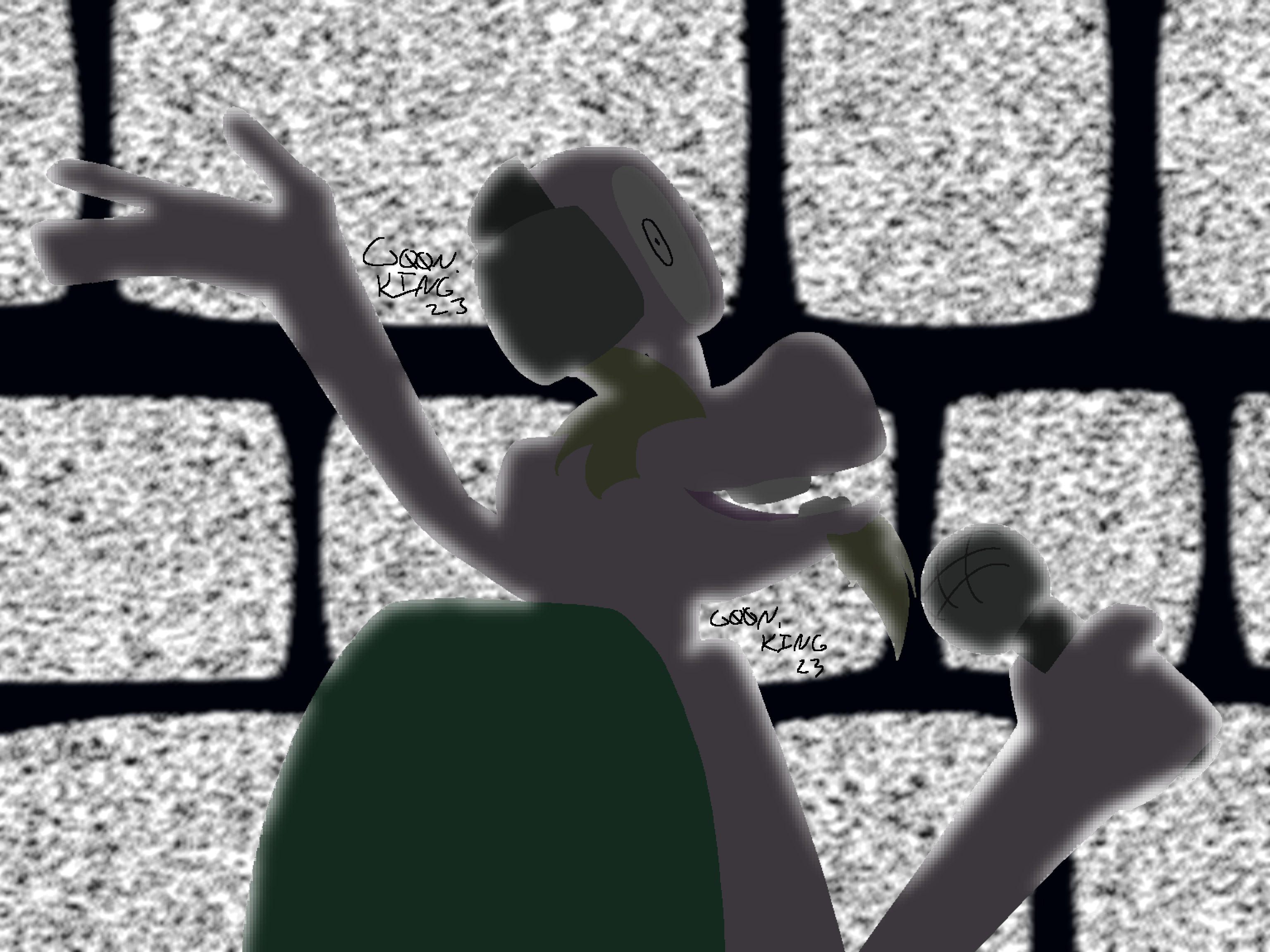 bust(?) shot of escargoon wearing headphones and holding a mic. he is in a dark room against a wall of tvs that only show static. his right arm is stretched out wide, as if show casing something.