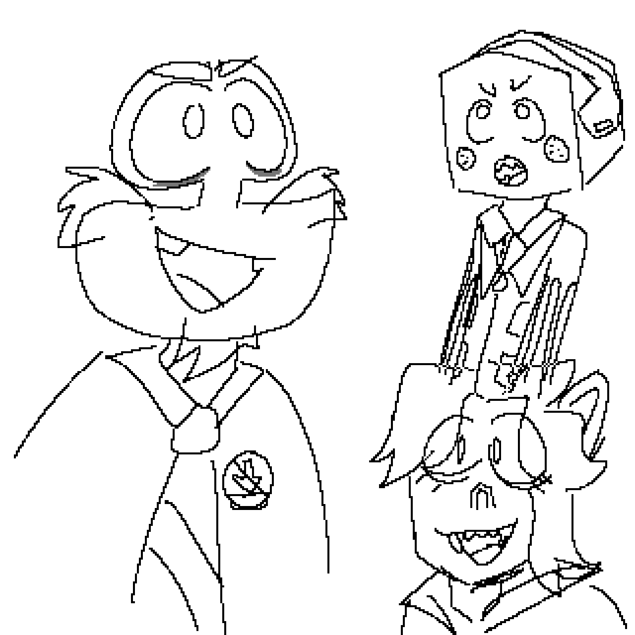 simple sketches of hidoi, e-loid, and larrypoid. e-loid is confident about something, whilst larrypoid is not.